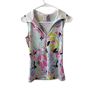 Tommy Bahama Golf Womens Sleeveless Polo Shirt XS Multi Color Tropical Leaf Prin